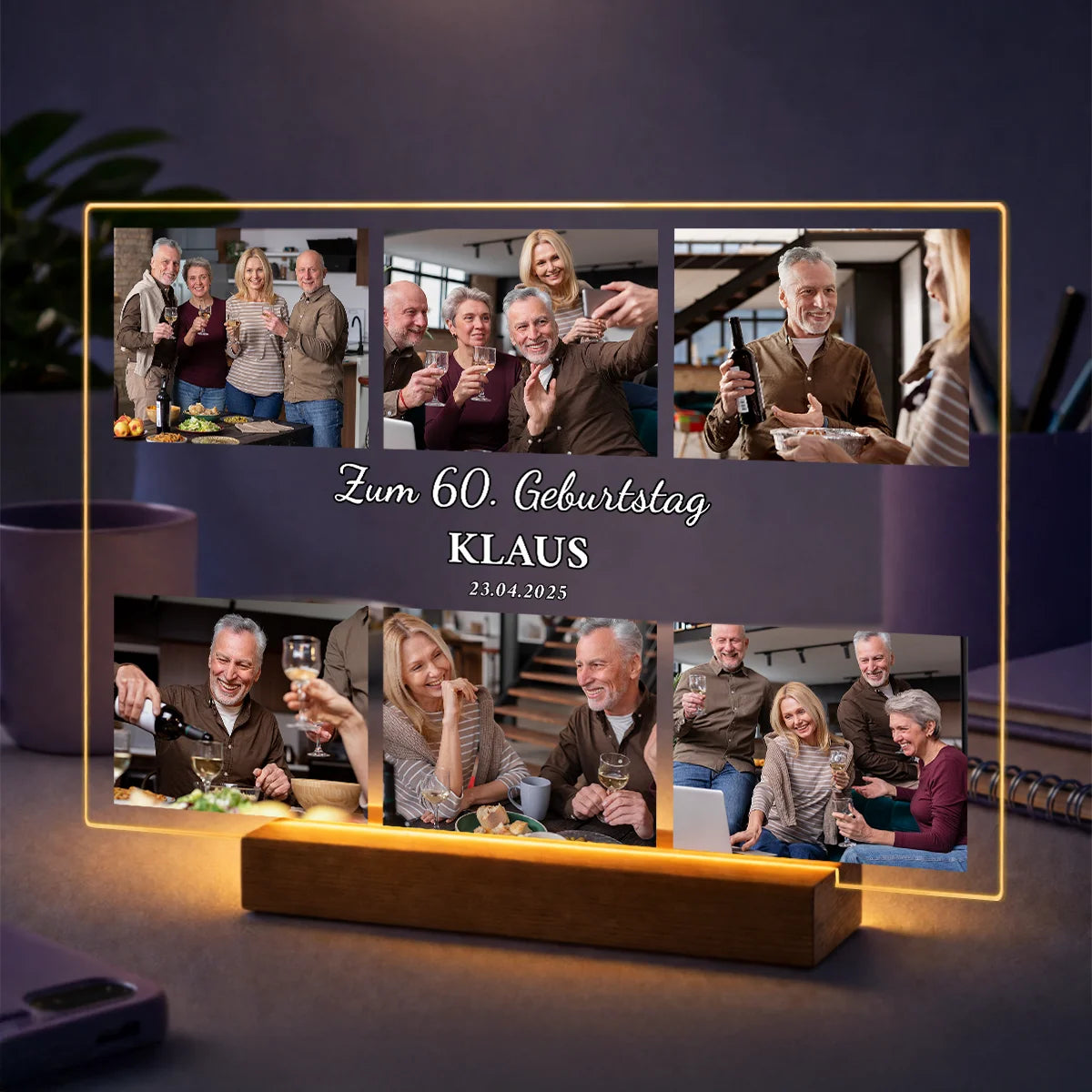 Personalisierte Fotocollage auf Acrylglas zum 60. Geburtstag für ihn – mit 6 Fotos, Namen und Datum