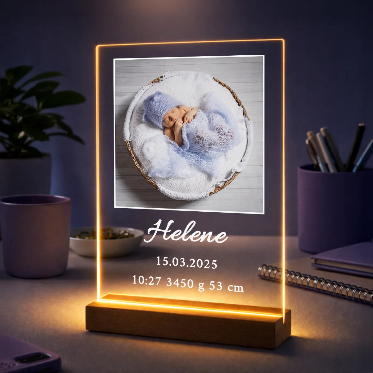 Geschenk zur Geburt – Foto auf Glas mit Geburtsdaten und Datum