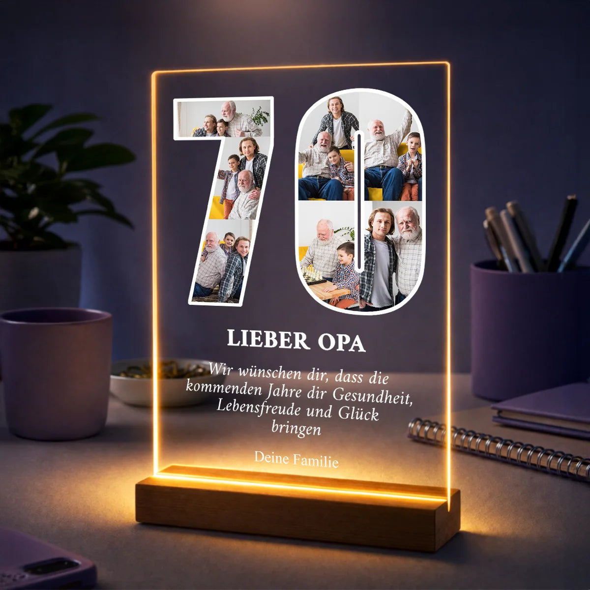 Geschenk für Opa zum 70. Geburtstag – Fotocollage auf Glas in Form der Zahl 70 als Erinnerung