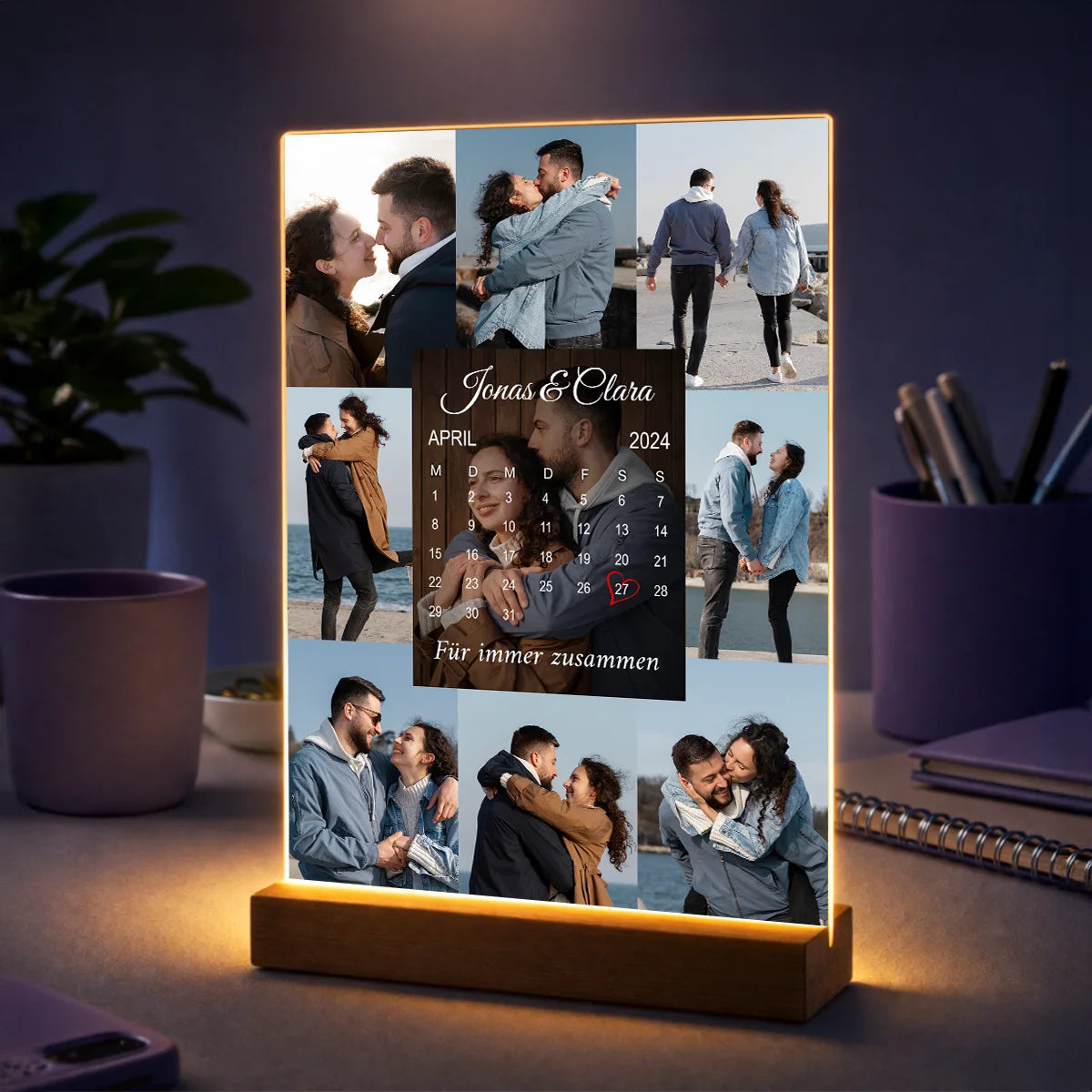 Personalisierter Kalender auf Acrylglas für Paare mit Fotos und Datum, romantisches Geschenk zum Jahrestag oder Valentinstag