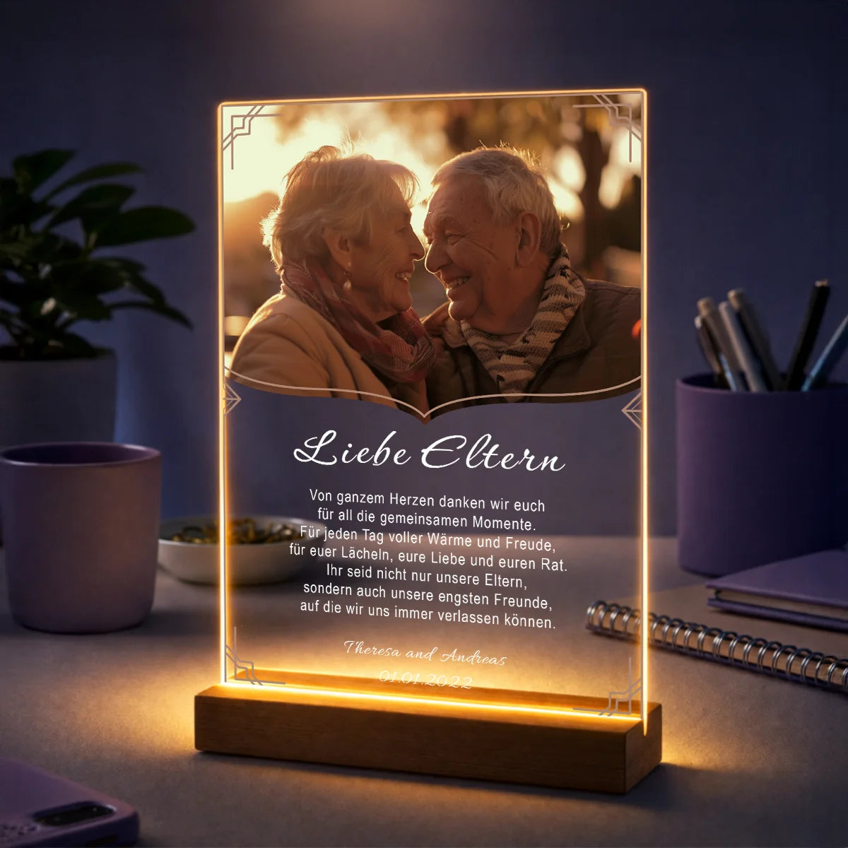 Geschenk für Eltern zum Muttertag und Vatertag – personalisiertes Foto auf Glas mit Dankestext von den Kindern