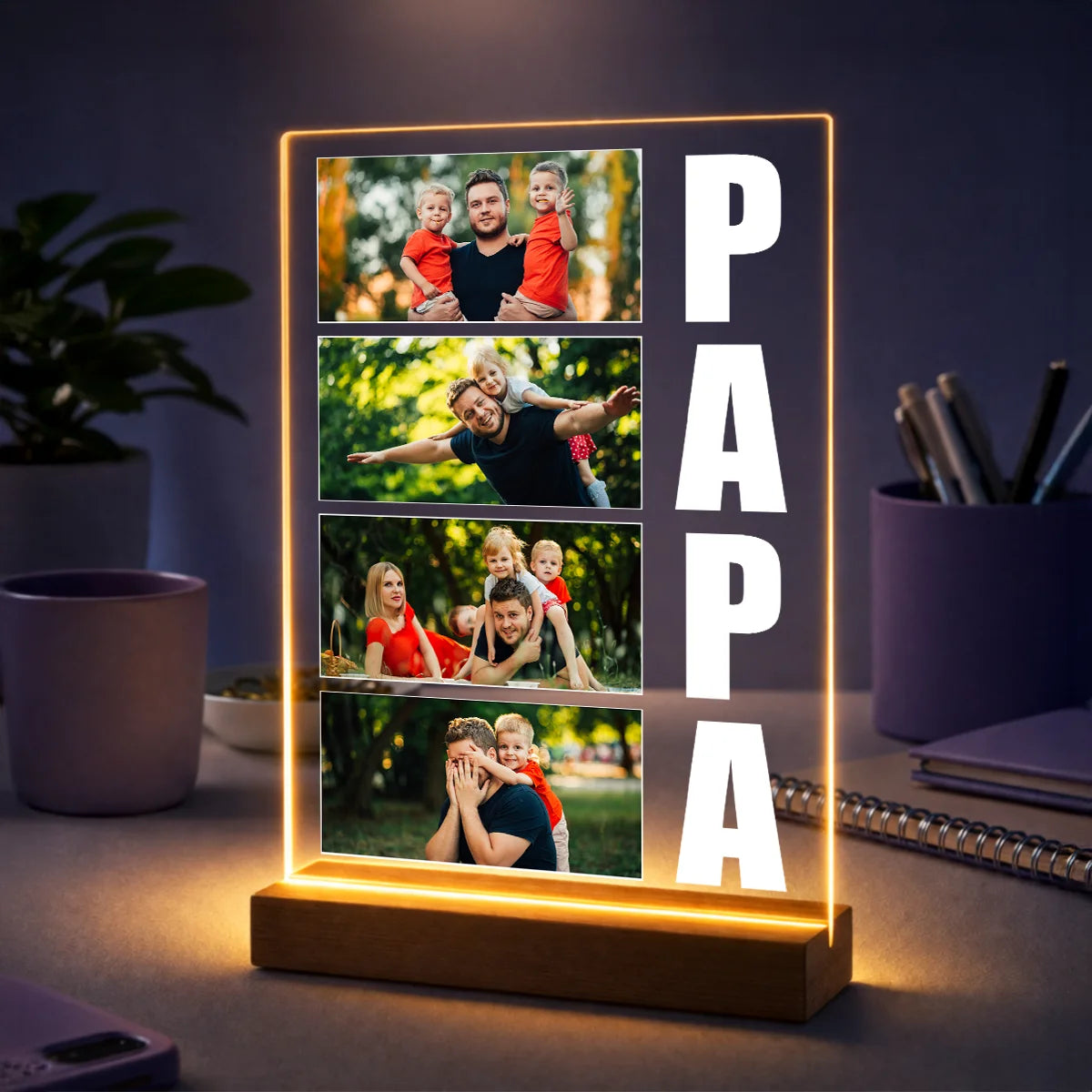 Geschenk für Papa zum Vatertag – personalisierte Fotocollage auf Glas mit Schriftzug PAPA
