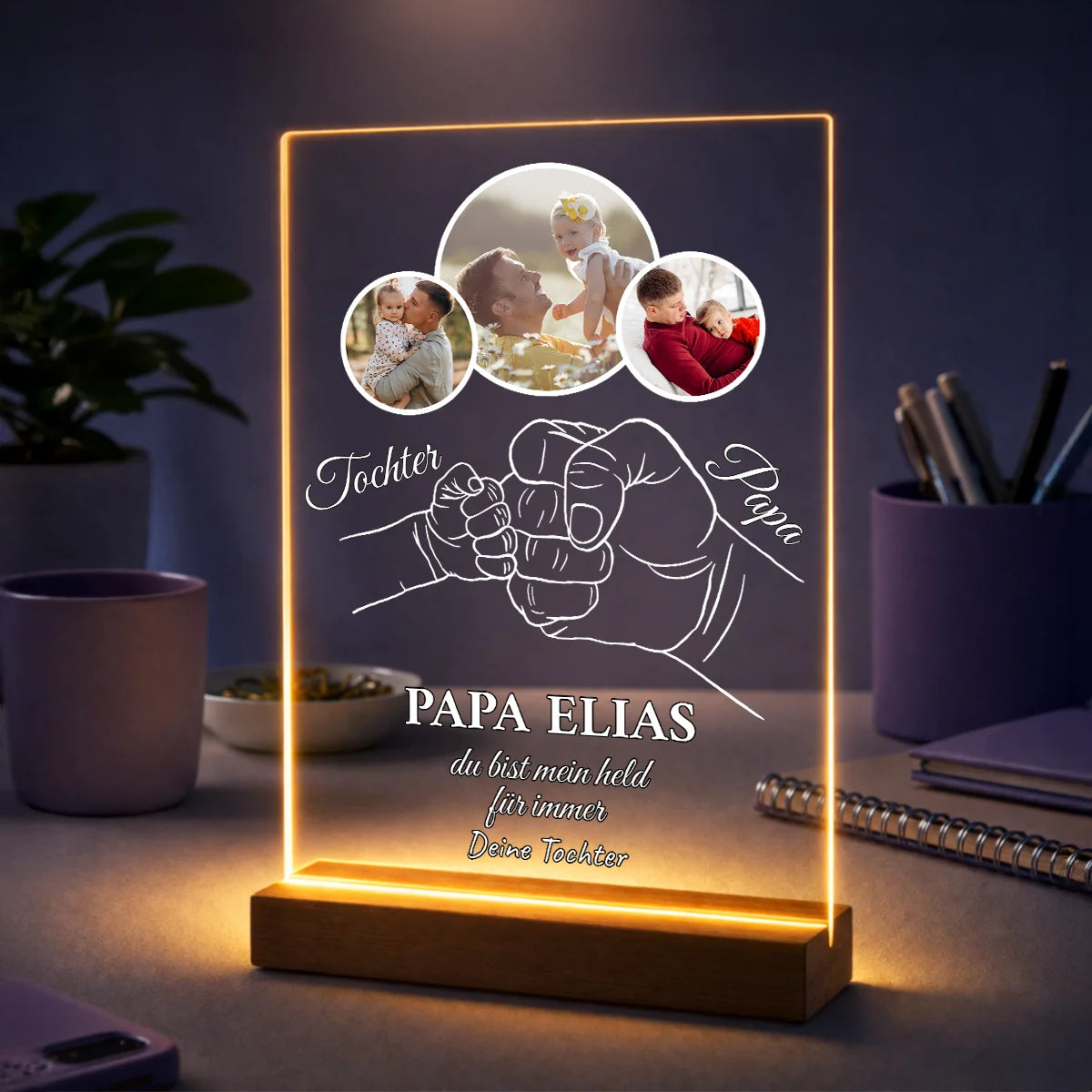 Personalisiertes Foto auf Acrylglas für Papa aus eigenen Fotos, Motiv mit Vater- und Tochterhand + Text, Geschenk zum Vatertag