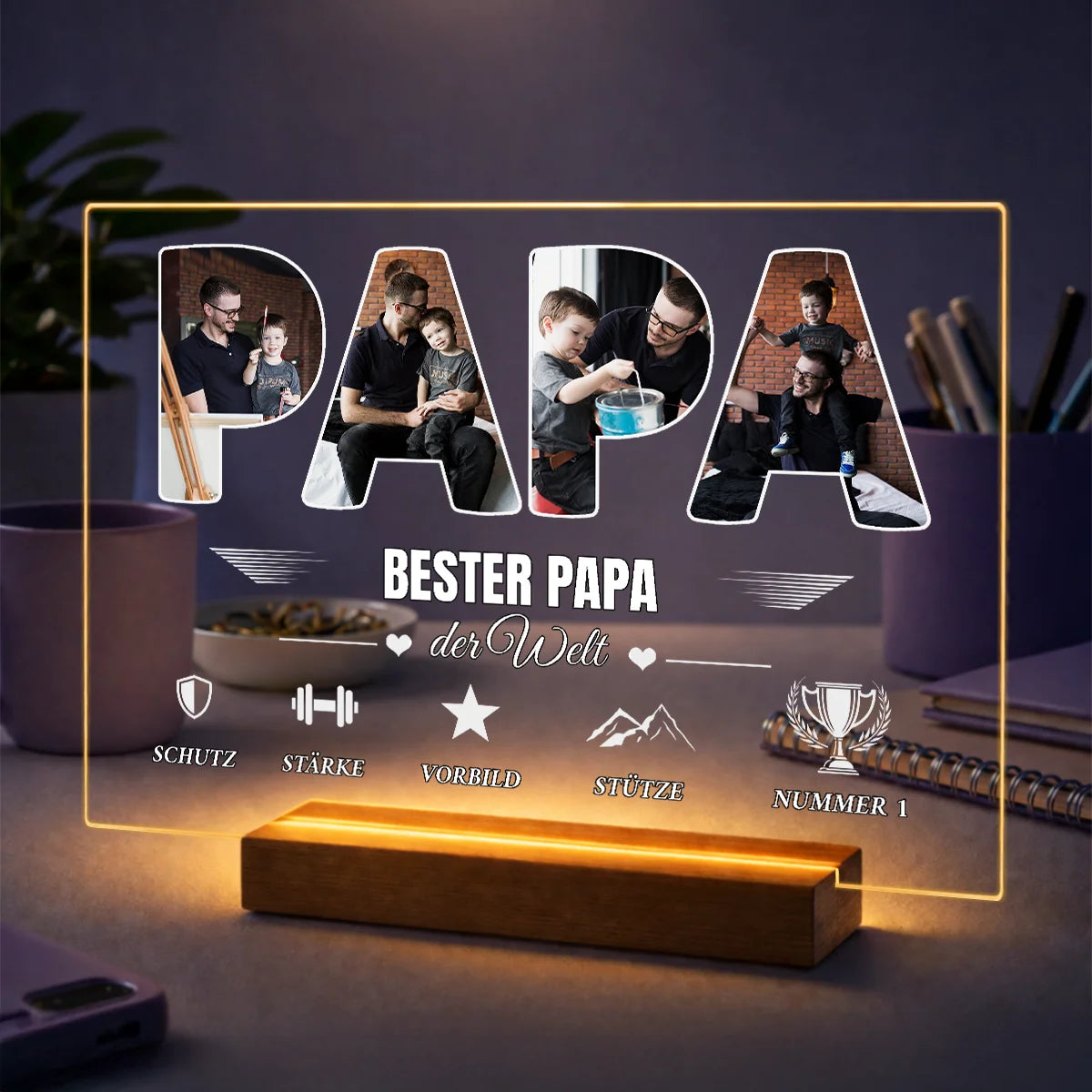 Personalisierte Fotocollage auf Acrylglas für Papa mit dem Schriftzug „Bester Papa“ und Fotos