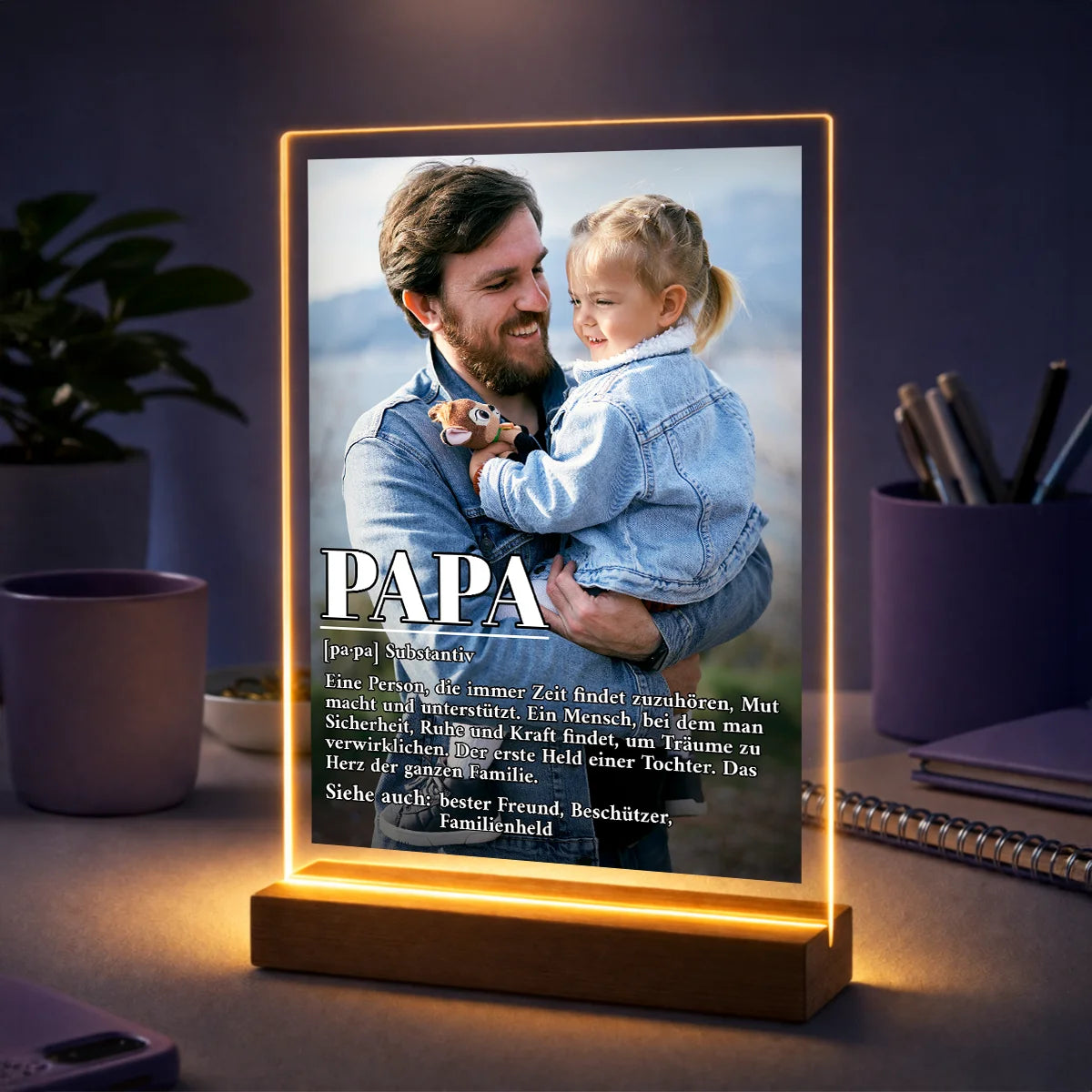 Personalisiertes Foto auf Glas für Papa, Definition Papa, originelles Geschenk zum Vatertag