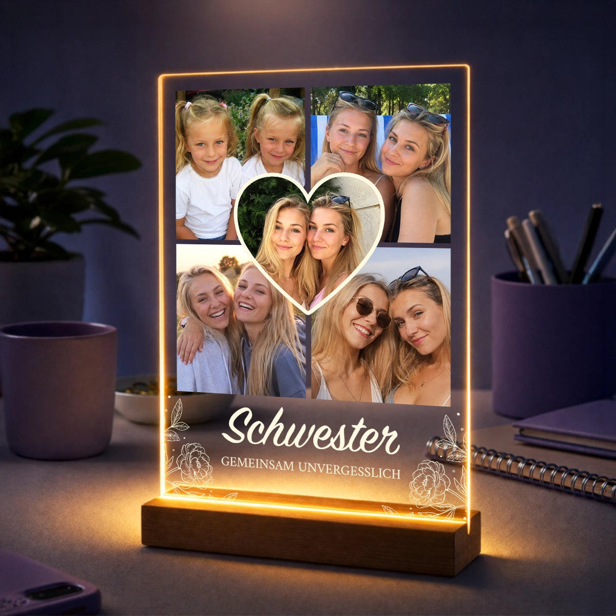 Fotocollage auf Acrylglas mit Herzcollage – Geschenk für die Schwester mit Spruch Gemeinsam unvergesslich