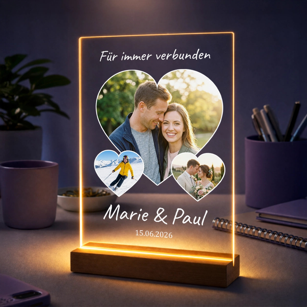 Personalisierte Fotocollage auf Acrylglas für Paare – mit 3 herzförmigen Fotos, eigenem Text, Namen und Datum