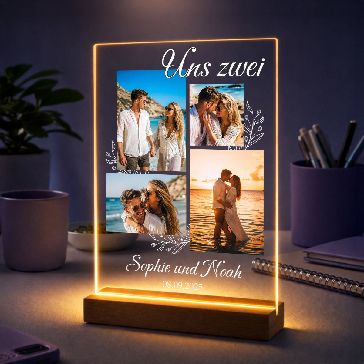 Fotocollage auf Acrylglas mit vier Fotos - Geschenk für Paare mit Namen und Datum