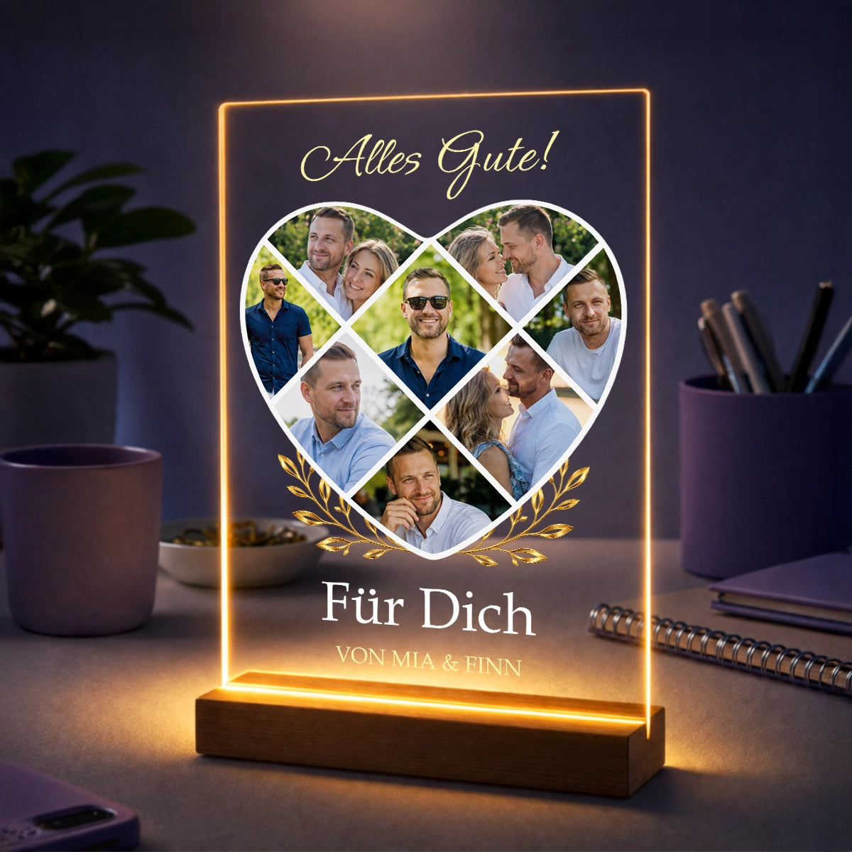 Fotocollage auf Acrylglas in Herzform mit Fotos - Geburtstagsgeschenk für ihn mit Text Alles Gute