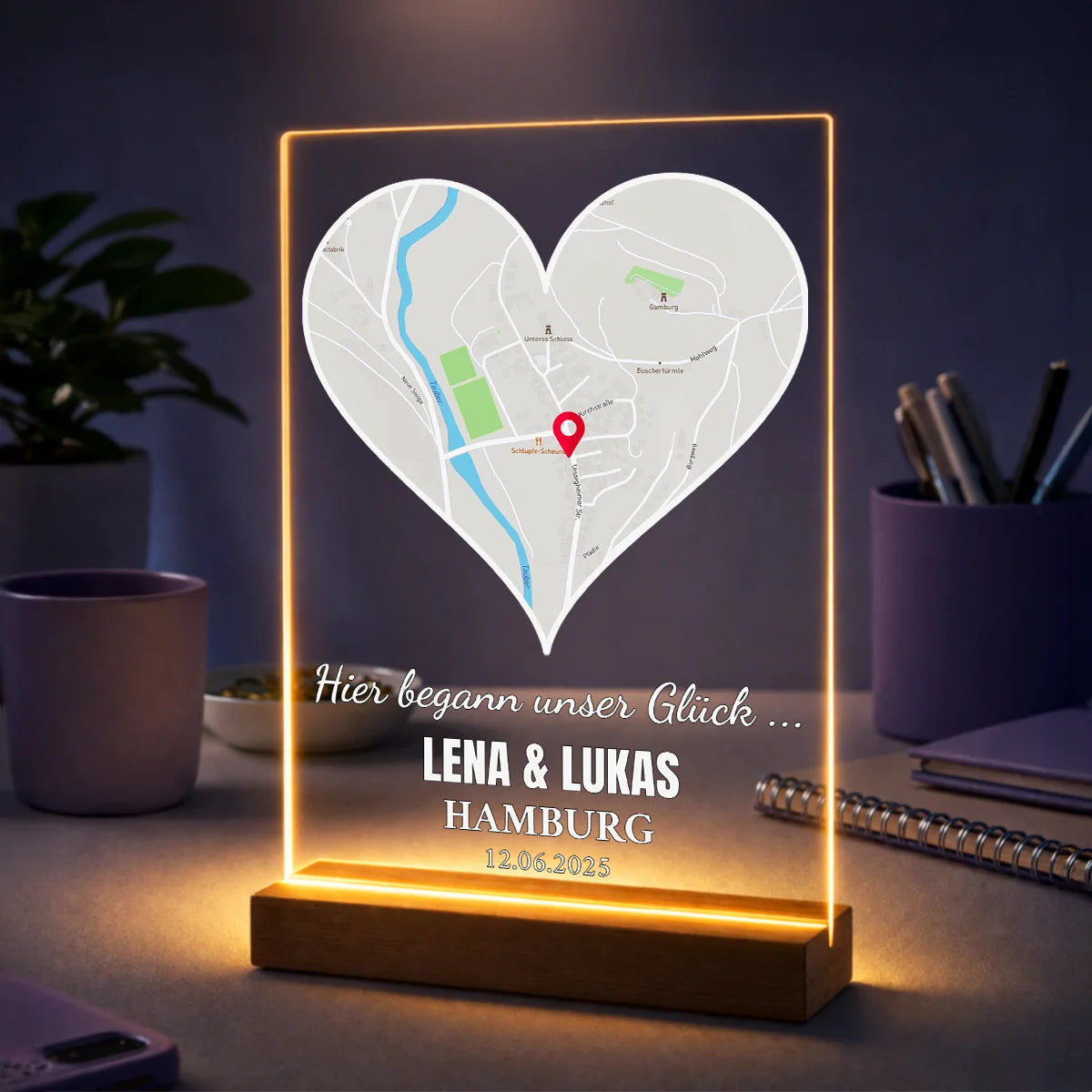 Foto auf Acrylglas mit Stadtplan im Herzform - Jahrestag Geschenk für sie mit Namen und Datum