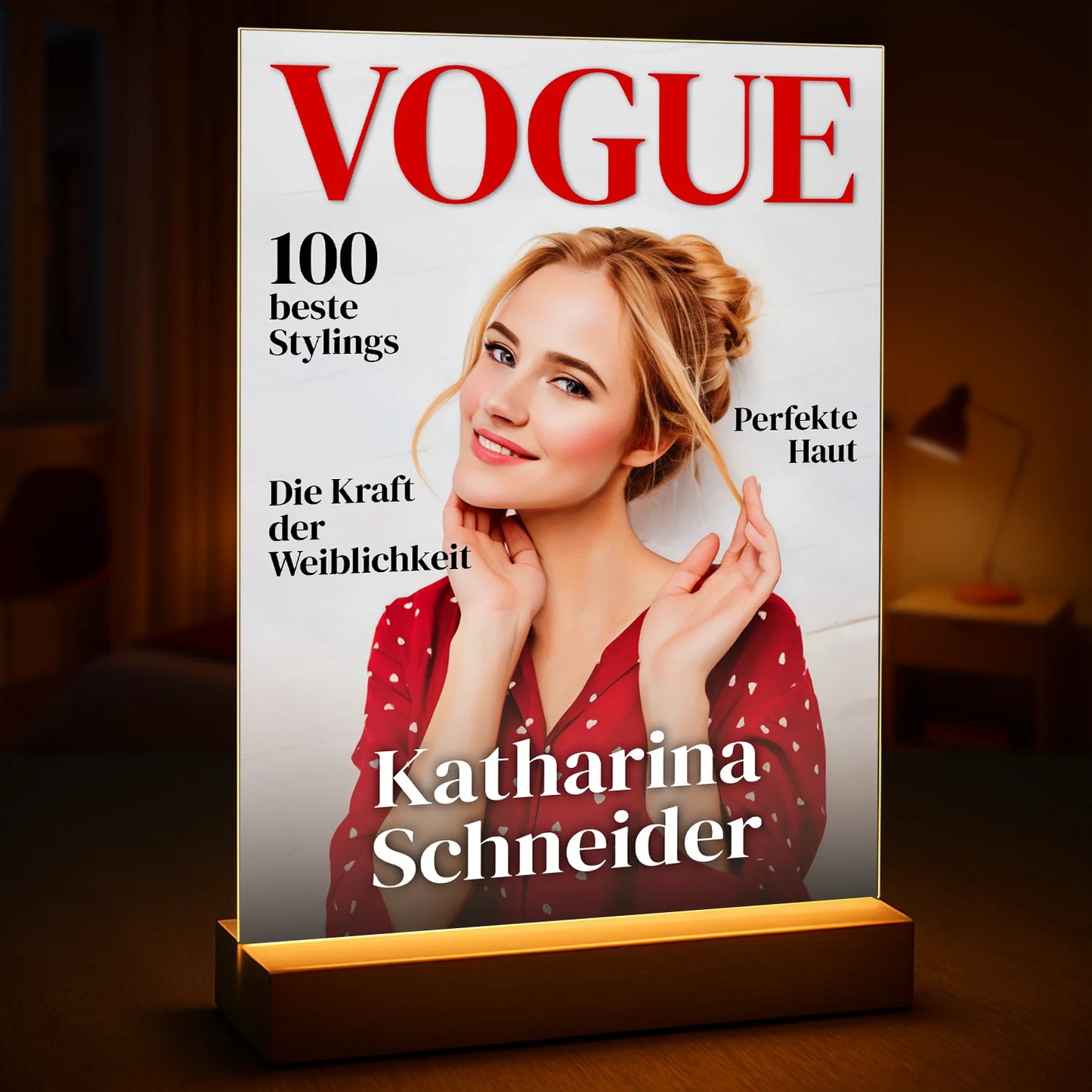 Geschenk für sie zum Geburtstag – personalisierter Glasdruck im Stil eines Modemagazin-Covers
