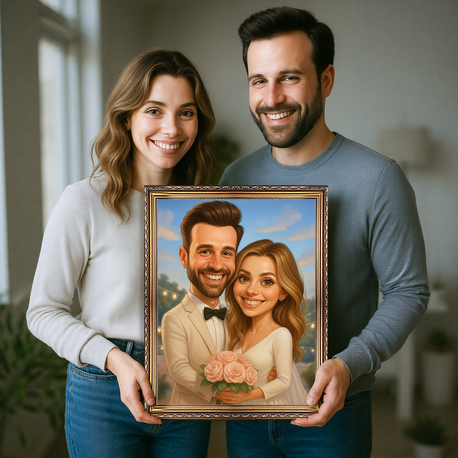 Image of Illustriertes Hochzeits­paar-Porträt – Leinwandbild aus deinem Foto