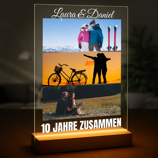 Geschenkidee für Paare zum Jahrestag – Fotocollage aus 3 Bildern auf Glas mit Namen