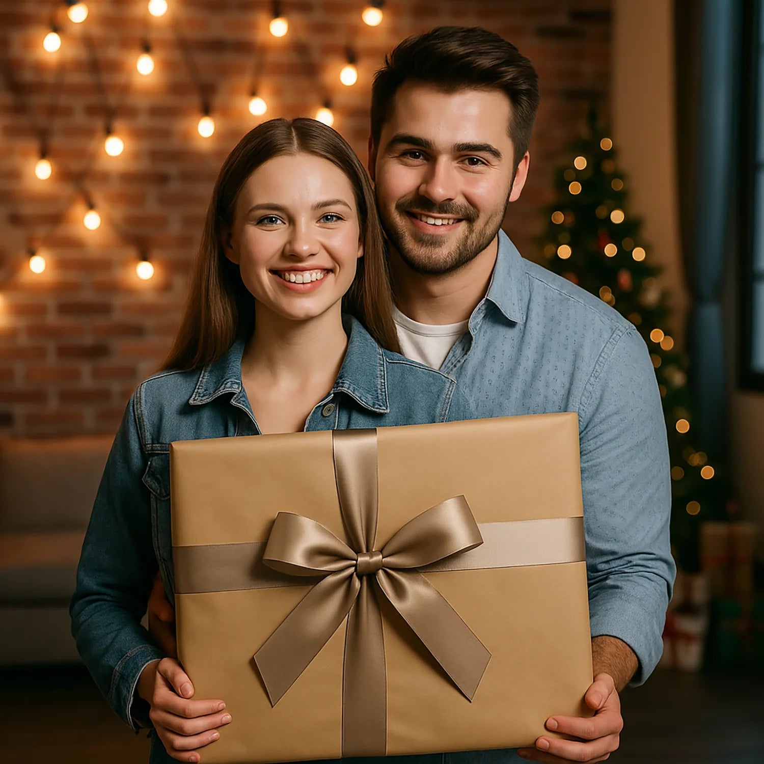 Image of Elegantes Paar am Weihnachtsbaum – Poster aus deinem Foto