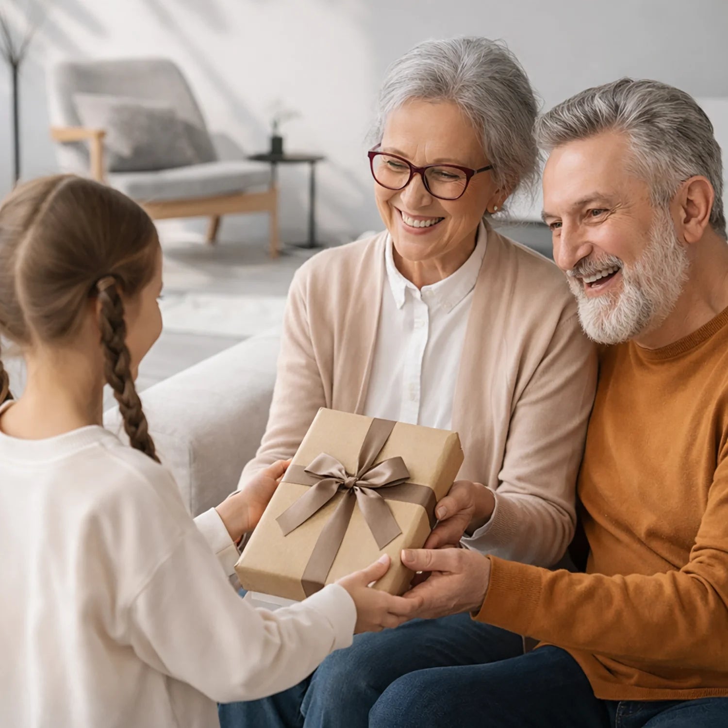 Image of Großeltern mit ihrer geliebten Enkelin - Glasdruck, Porträt aus Ihrem Foto