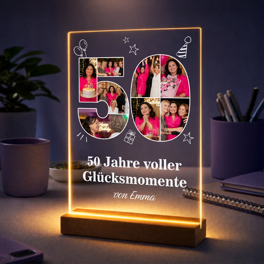 Personalisierte Fotocollage auf Acrylglas zum 50. Geburtstag mit Fotos und dem Schriftzug 50 Jahre voller Glücksmomente