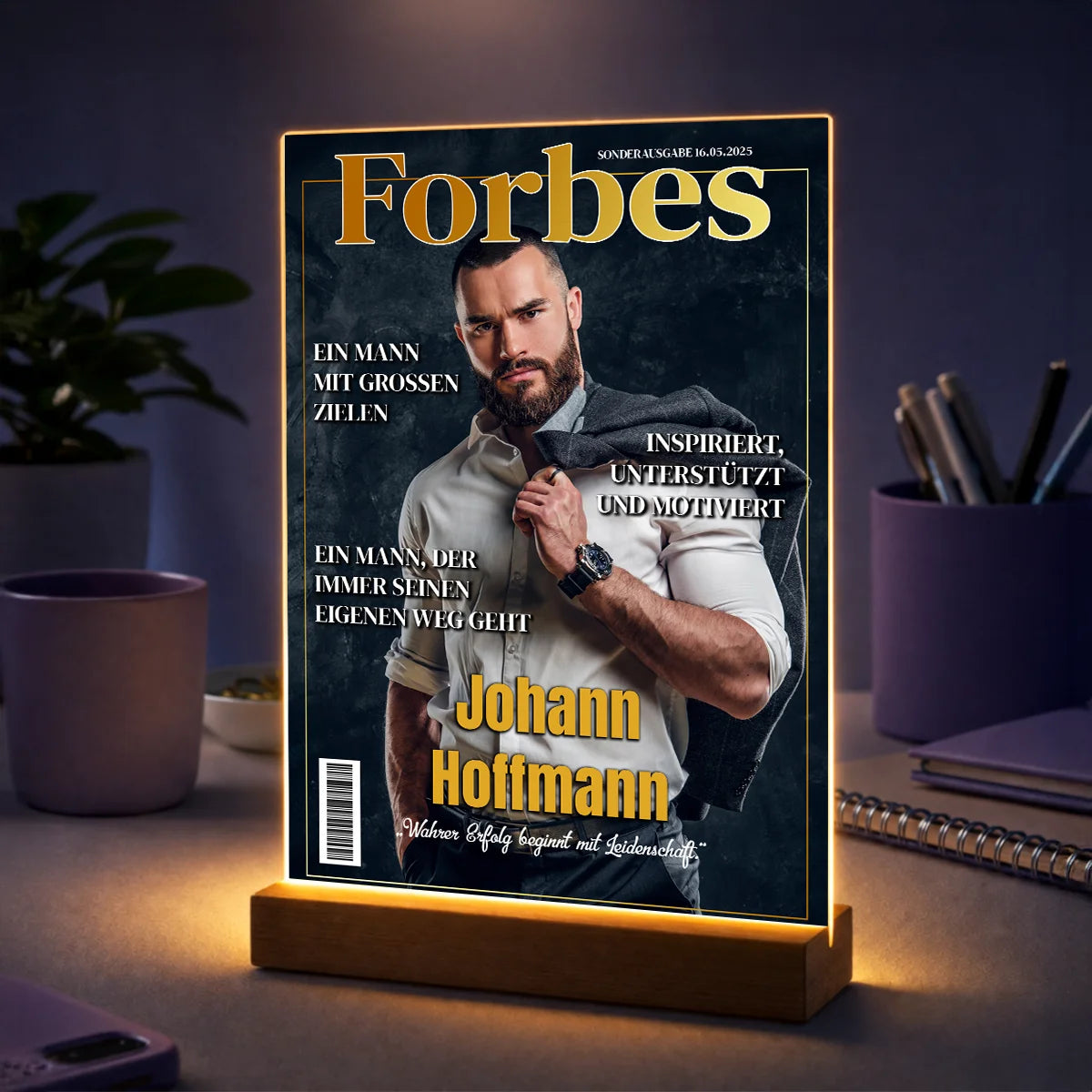 Personalisiertes Foto auf Acrylglas für Männer mit eigenem Foto – Magazin-Cover im Stil eines erfolgreichen Mannes