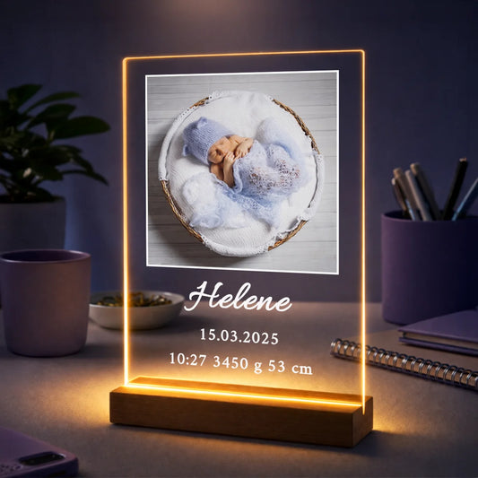Geschenk zur Geburt – Foto auf Glas mit Geburtsdaten und Datum