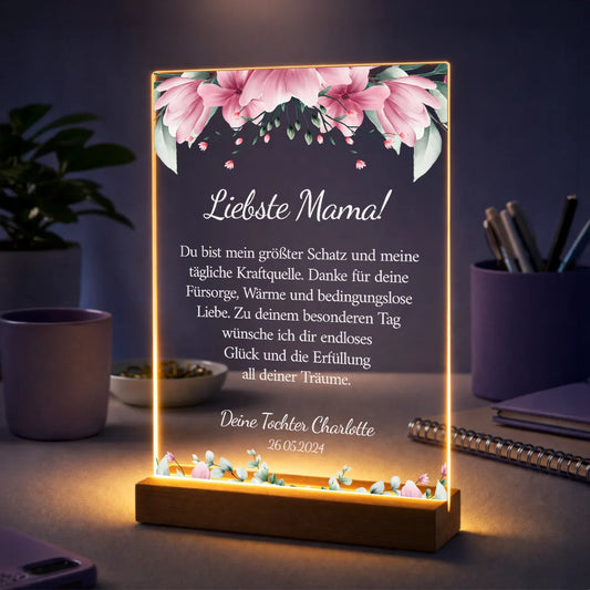 Geschenk für Mama zum Muttertag – personalisierter Glasdruck mit Glückwünschen vom Kind