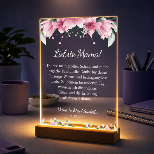 Geschenk für Mama zum Muttertag – personalisierter Glasdruck mit Glückwünschen vom Kind