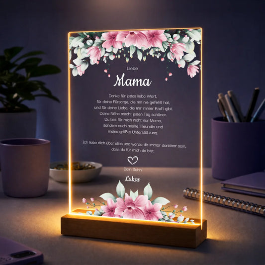 Originelles Geschenk für Mama zum Muttertag – personalisierter Glasdruck mit Dankestext vom Kind