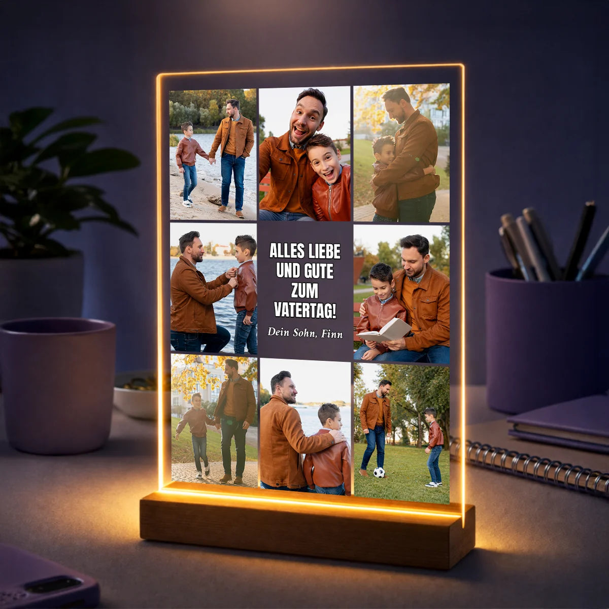 Geschenkidee für Papa zum Vatertag – Fotocollage aus 8 Bildern auf Glas mit Wünschen vom Kind