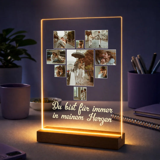 Geschenk für Paare zum Jahrestag – personalisierte Fotocollage auf Glas in Herzform mit Text