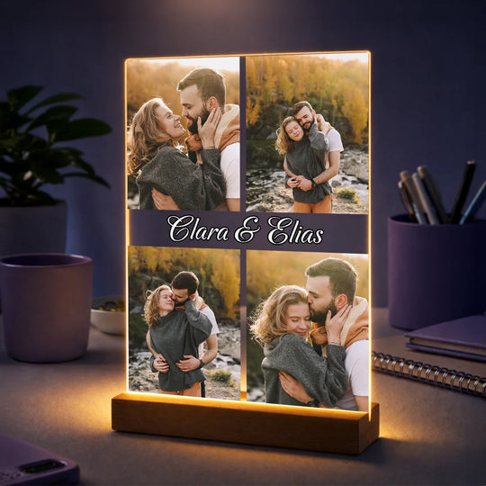 Originelles Geschenk für Paare zum Jahrestag – personalisierte Fotocollage auf Glas mit Namen