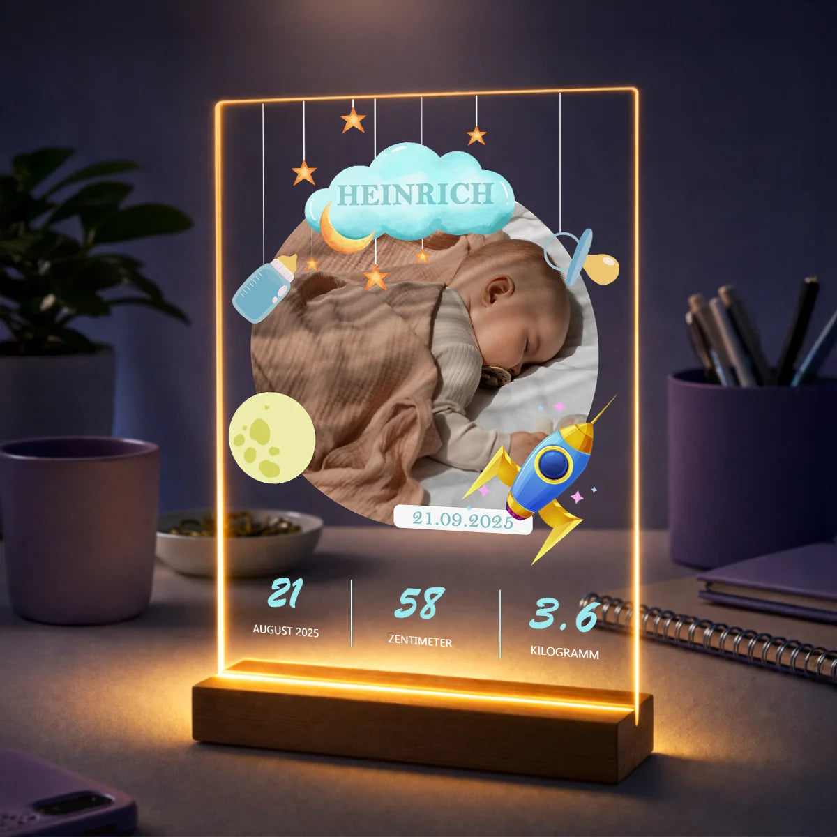 Geschenk für Eltern zur Geburt – Fotodruck auf Glas mit Geburtsdaten des Babys