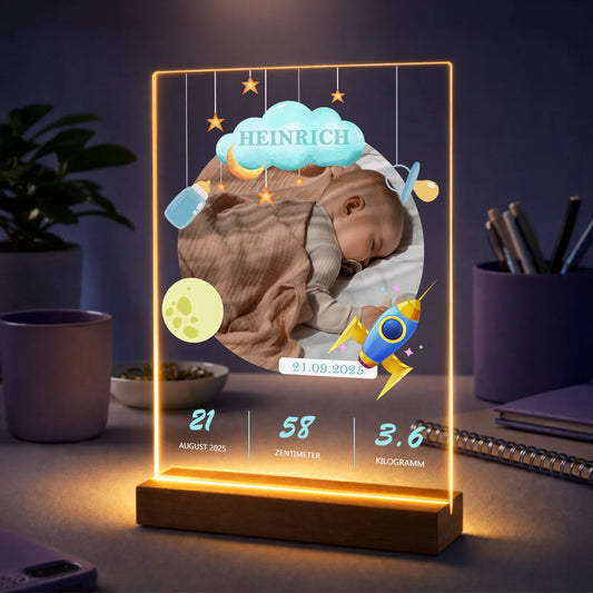 Geschenk für Eltern zur Geburt – Fotodruck auf Glas mit Geburtsdaten des Babys
