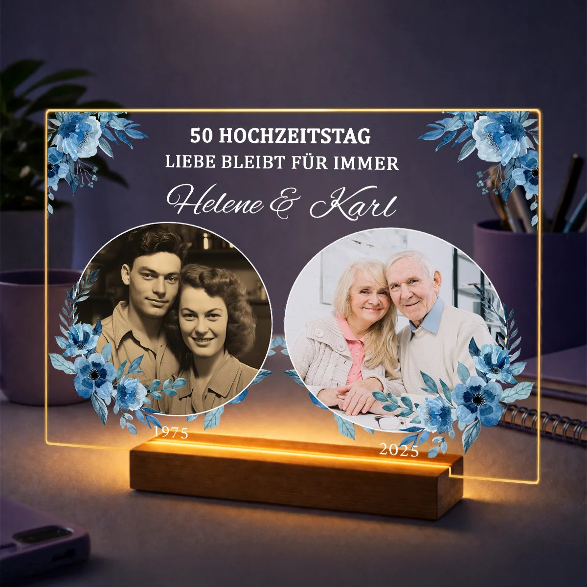 Originelles Geschenk für Paare zum 50. Hochzeitstag – Fotocollage auf Glas mit Datum Jahre vergehen, Liebe bleibt