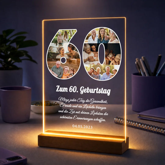 Originelles Geschenk für Frau zum 60. Geburtstag – personalisierte Fotocollage auf Glas mit Glückwünschen