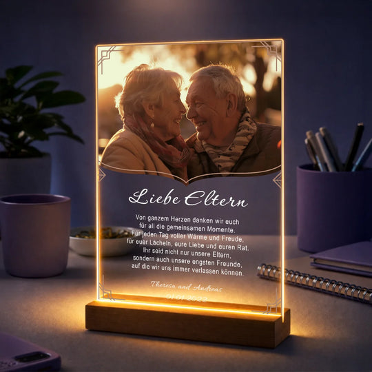 Geschenk für Eltern zum Muttertag und Vatertag – personalisiertes Foto auf Glas mit Dankestext von den Kindern