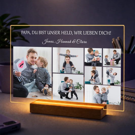Geschenkidee für Papa zum Vatertag – Fotocollage aus 8 Bildern mit personalisiertem Text auf Glas