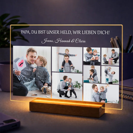 Geschenkidee für Papa zum Vatertag – Fotocollage aus 8 Bildern mit personalisiertem Text auf Glas