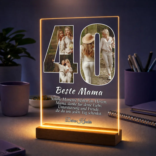 Originelles Geschenk für Mama zum 40. Geburtstag – Glas-Fotocollage in Form der Zahl 40 mit Glückwünschen