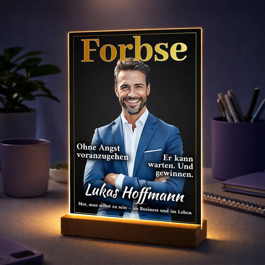Geburtstagsgeschenk für Männer – personalisierter Glasdruck im Business-Magazin-Stil