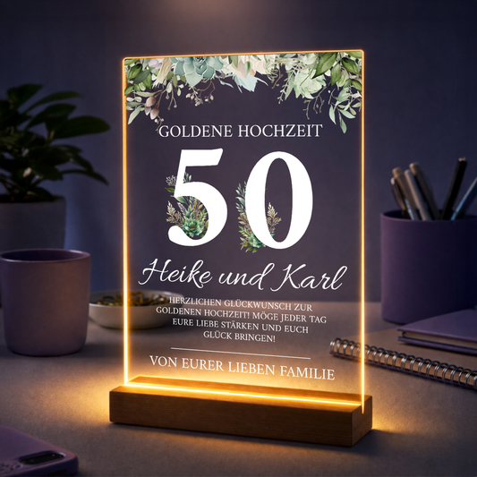 Geschenkidee für Paare zur goldenen Hochzeit – personalisierter Glasdruck mit Text Glückwünsche zur Goldenen Hochzeit