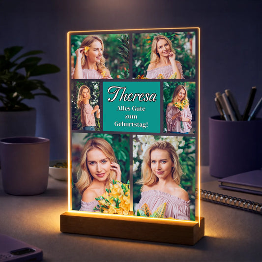 Geburtstagsgeschenk für sie – personalisierte Fotocollage auf Glas mit Namen und Widmung