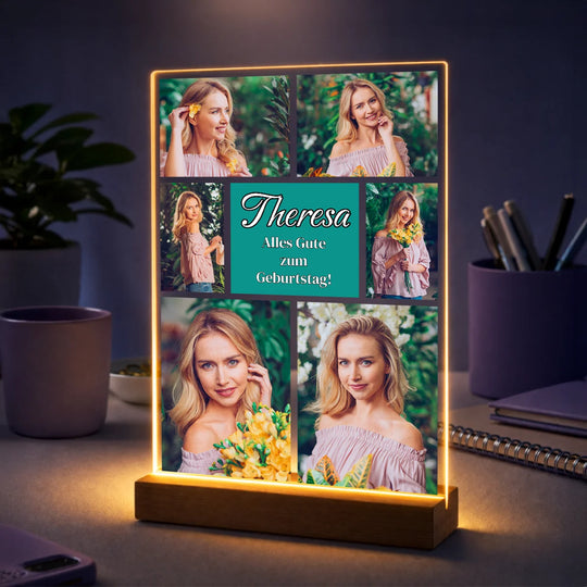 Geburtstagsgeschenk für sie – personalisierte Fotocollage auf Glas mit Namen und Widmung