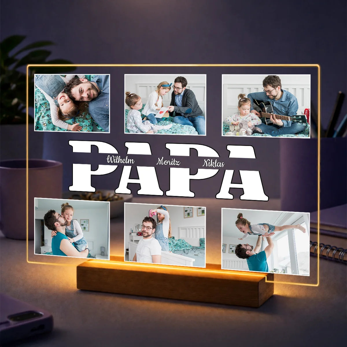 Personalisierte Fotocollage für Papa auf Acrylglas mit dem Schriftzug PAPA sowie Familienfotos und gemeinsamen Momenten mit den Kindern.