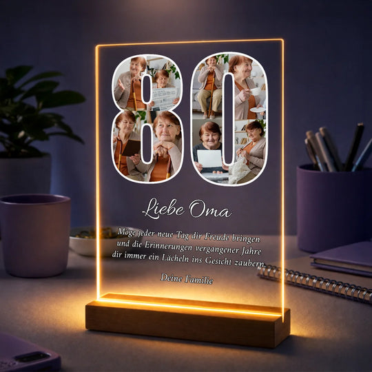 Originelles Geschenk für Oma zum 80. Geburtstag – Fotocollage auf Glas mit Text 80