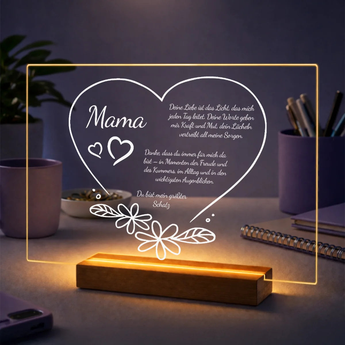 Geschenk für Mama zum Geburtstag - personalisiertes Glasbild mit Herzmotiv und Text