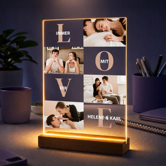 Originelles Geschenk für Paare zum Jahrestag – Fotocollage aus 4 Bildern auf Glas mit Namen und Schriftzug Love with You