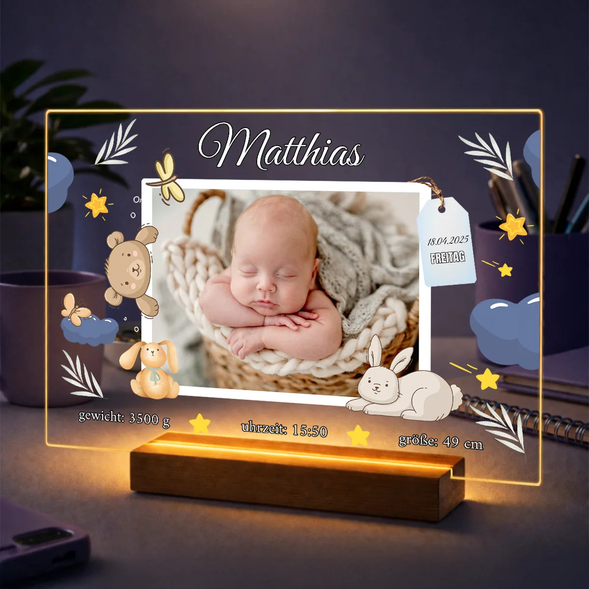 Personalisierte Baby-Metryka auf Acrylglas mit Foto, Name und Geburtsdaten – besondere Erinnerung für Eltern