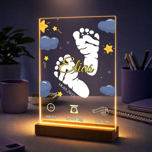 Personalisierter Druck auf Acrylglas mit Grafik, Name, Geburtsdatum und Geburtsdaten, Geschenk für Eltern und Baby