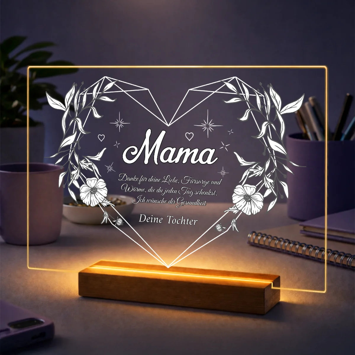Personalisierter Druck auf Acrylglas für Mama mit Widmung von der Tochter, Herzmotiv und einem besonderen Text voller Emotionen.