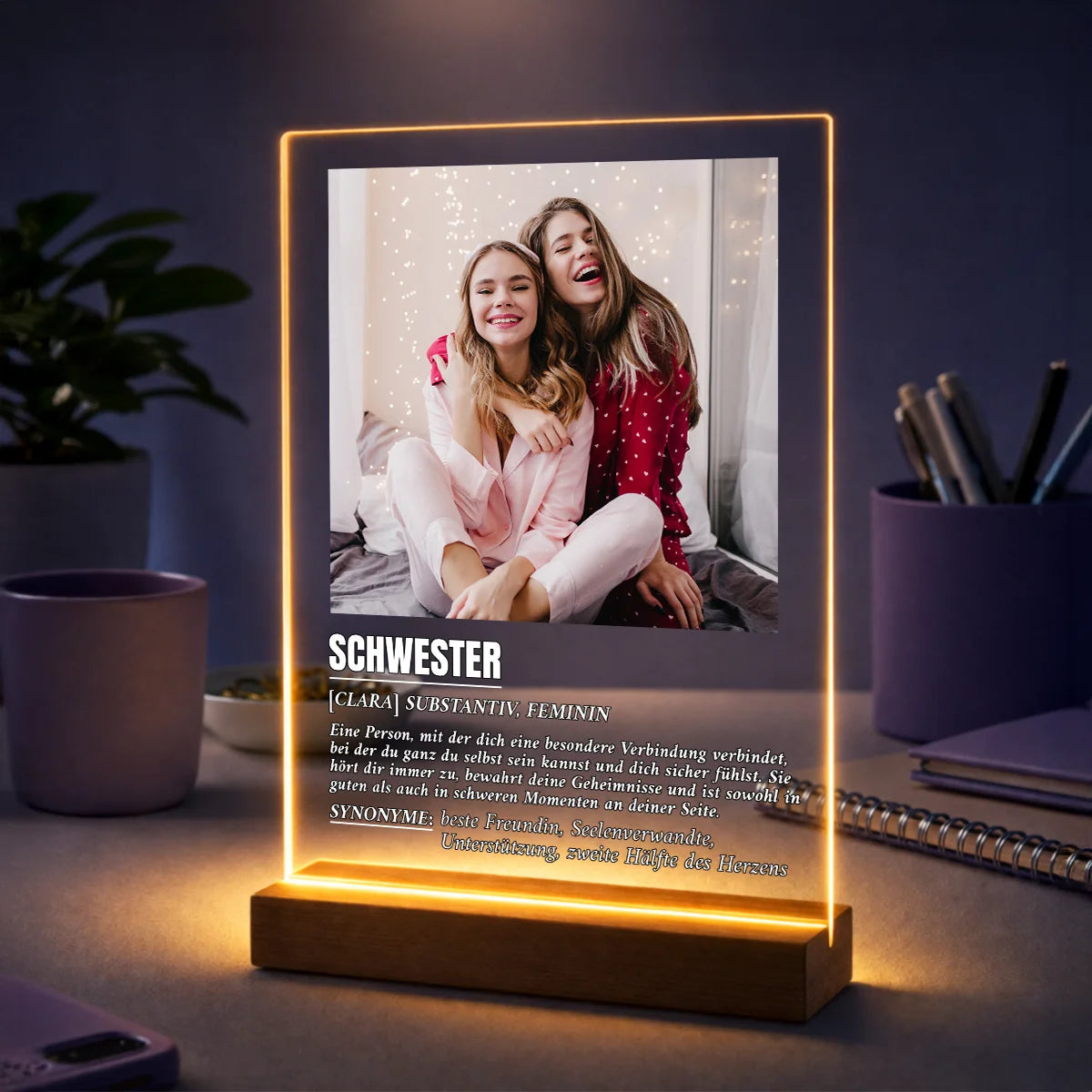 Personalisierter Druck auf Acrylglas für die Schwester mit Foto und liebevollem Text – emotionales Geschenk voller Erinnerungen.