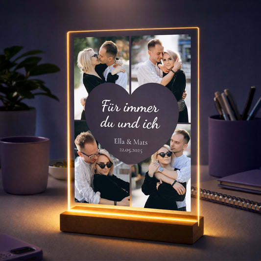 Personalisierte Herz-Fotocollage auf Acrylglas mit den Namen Ella & Mats, dem Datum 22.05.2025 und dem Schriftzug „Für immer du und ich“