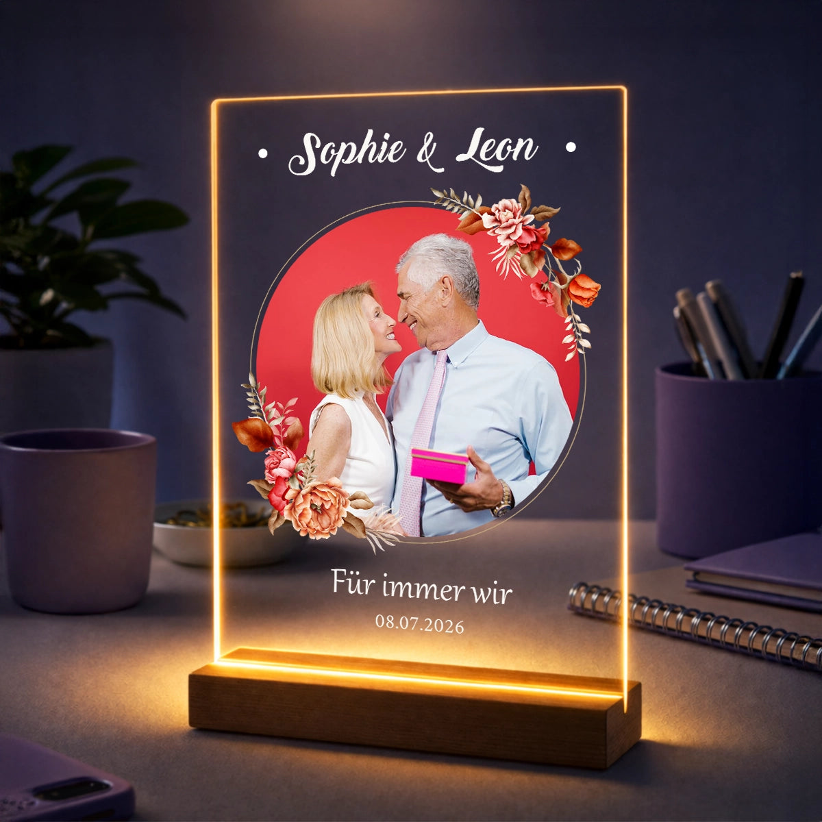 Personalisiertes Foto auf Acrylglas zum Jahrestag mit Namen Sophie & Leon und dem Schriftzug „Für immer wir“